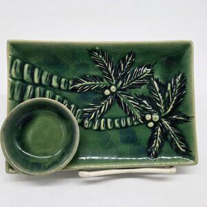 Hoening Maui Ceramic Fish Motif Sushi Platter & Soy Sauce Bowl Palm Trees